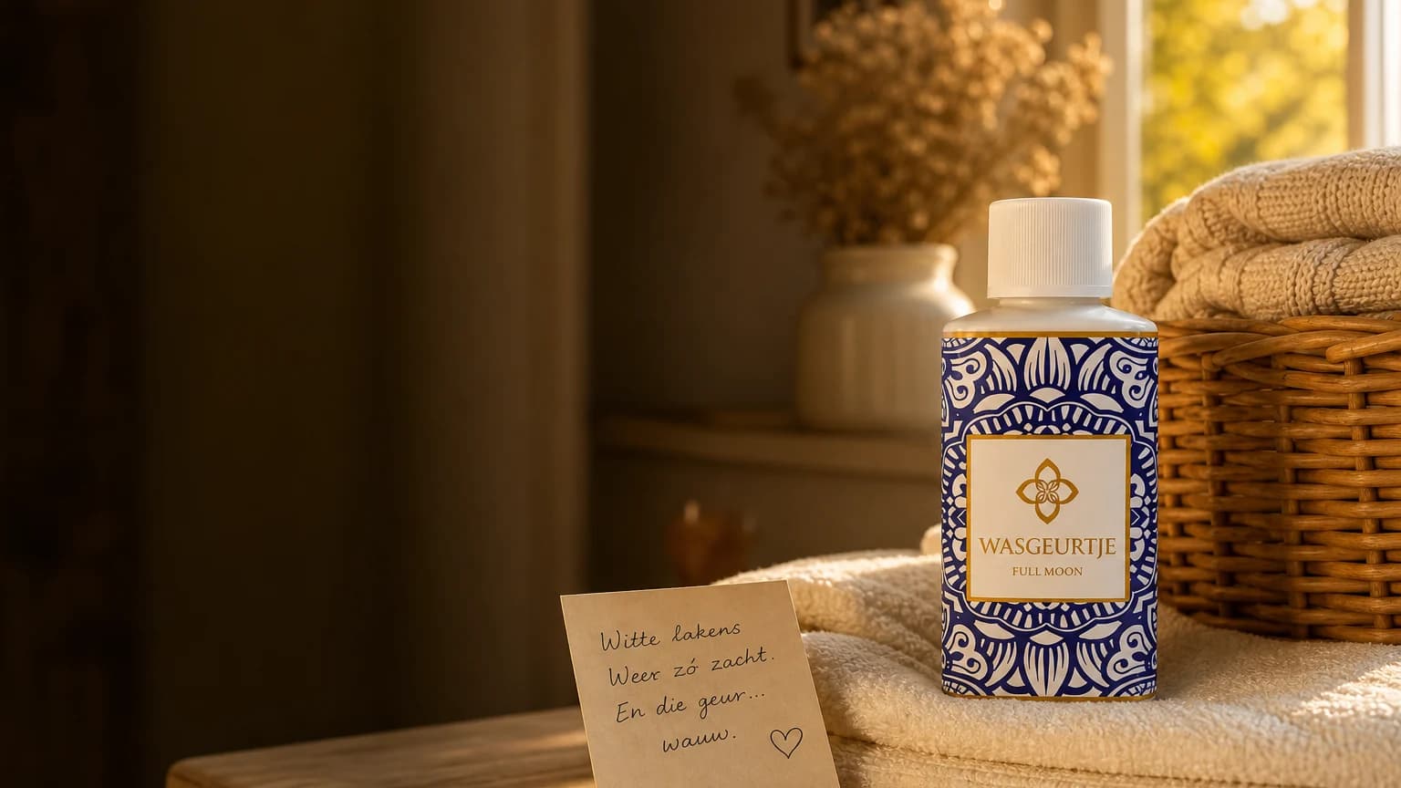 Full Moon wasparfum in een warme thuisomgeving met zachte witte lakens