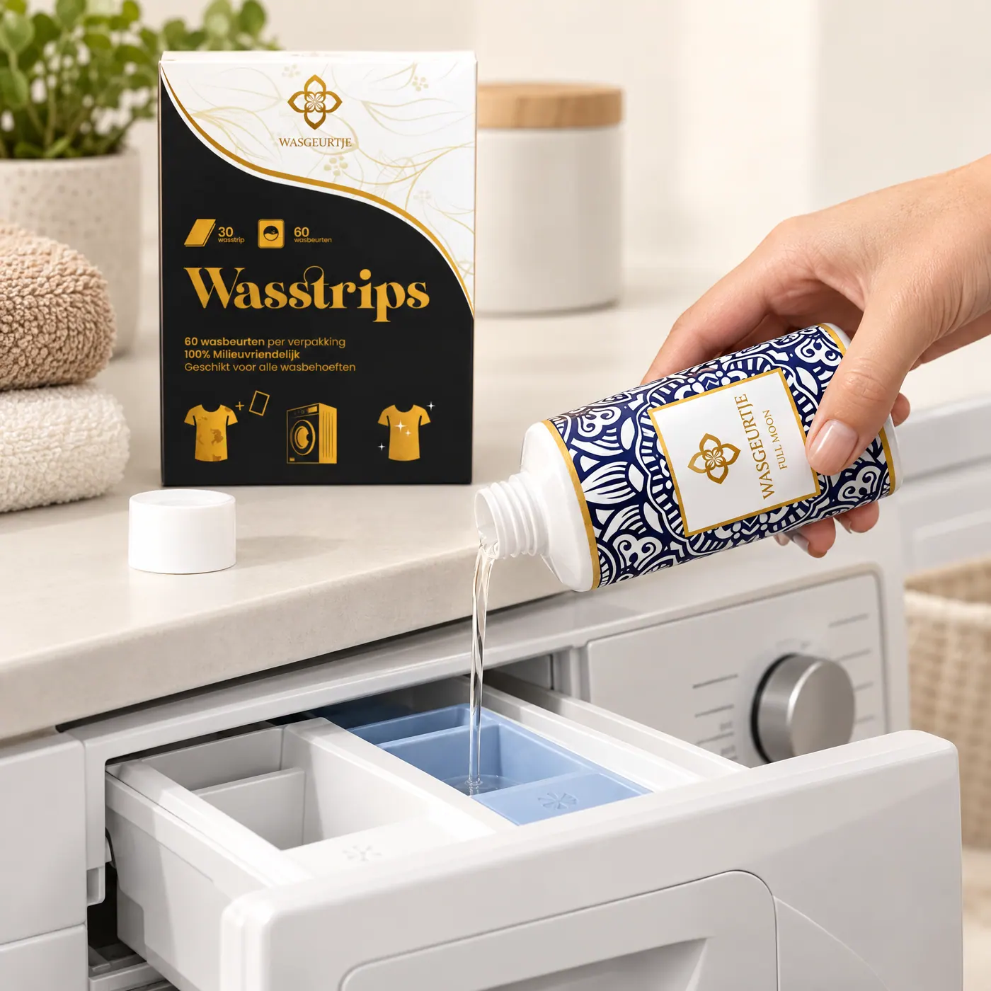 Wasgeurtje wasparfum wordt in het wasverzachtervak gegoten. De strip maakt schoon, wasparfum geeft de geur.