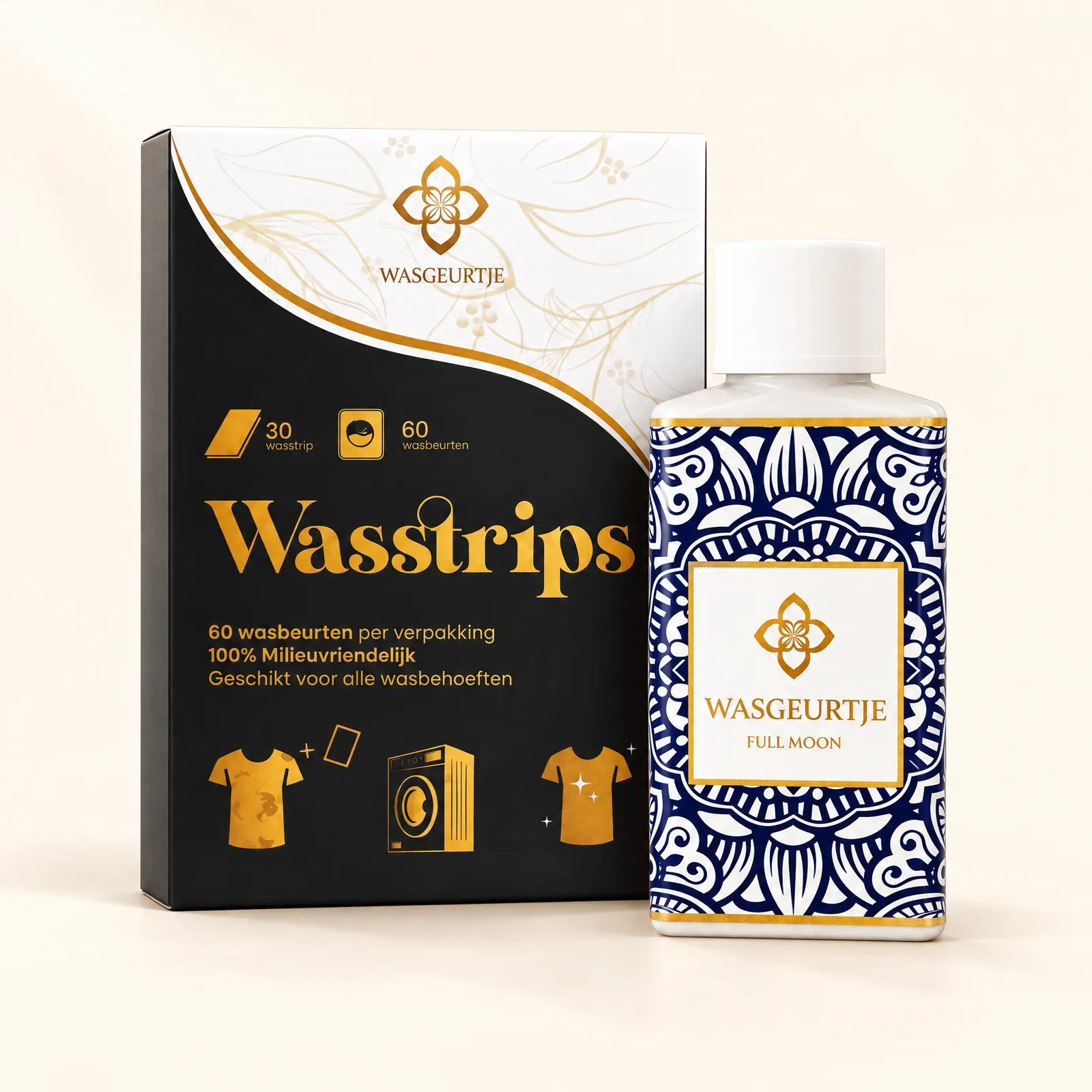Wasgeurtje Wasstrips naast Full Moon wasparfum: de strip maakt schoon, wasparfum geeft de geur.