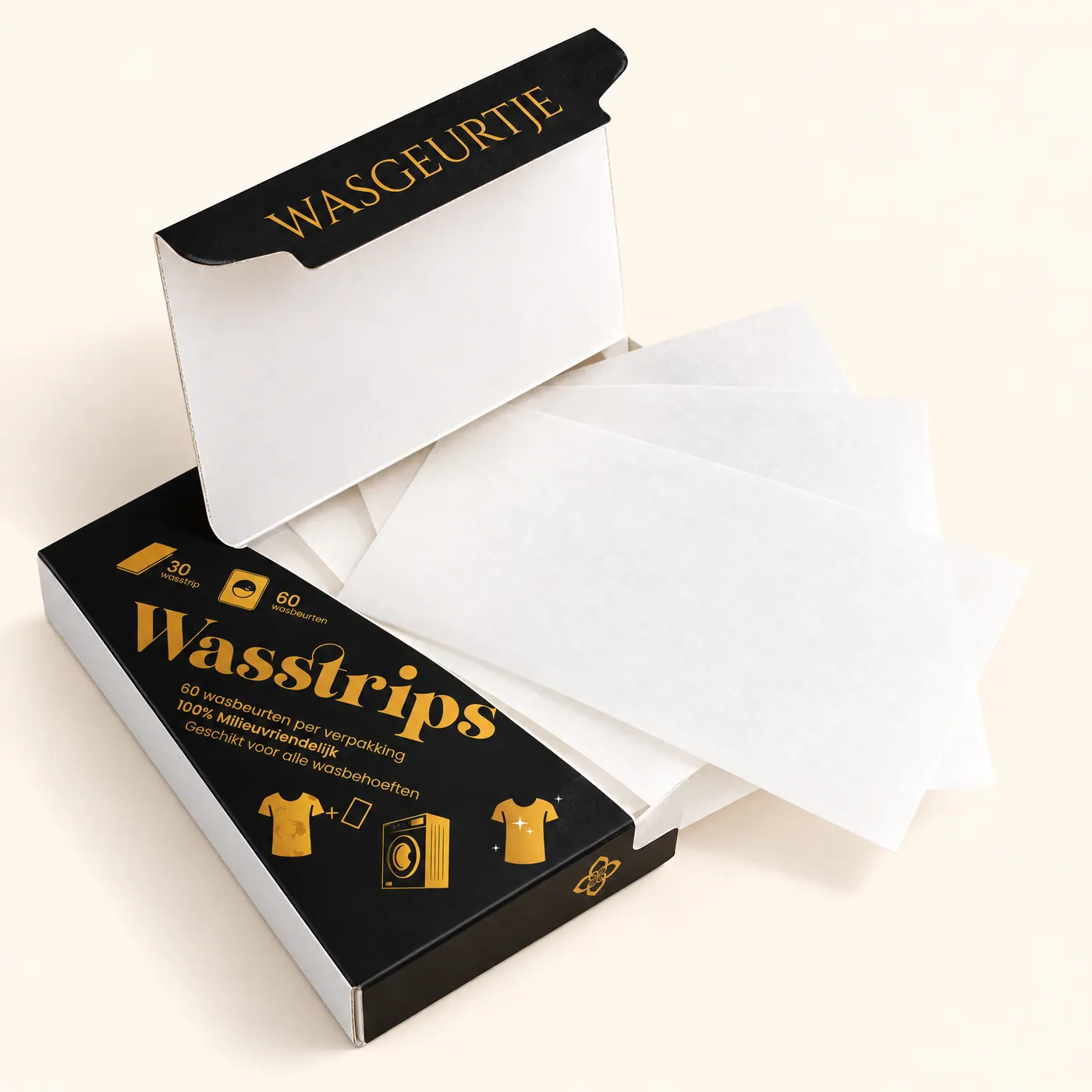 Open doos Wasgeurtje Wasstrips met witte, geurloze strips. Plasticvrij verpakt.