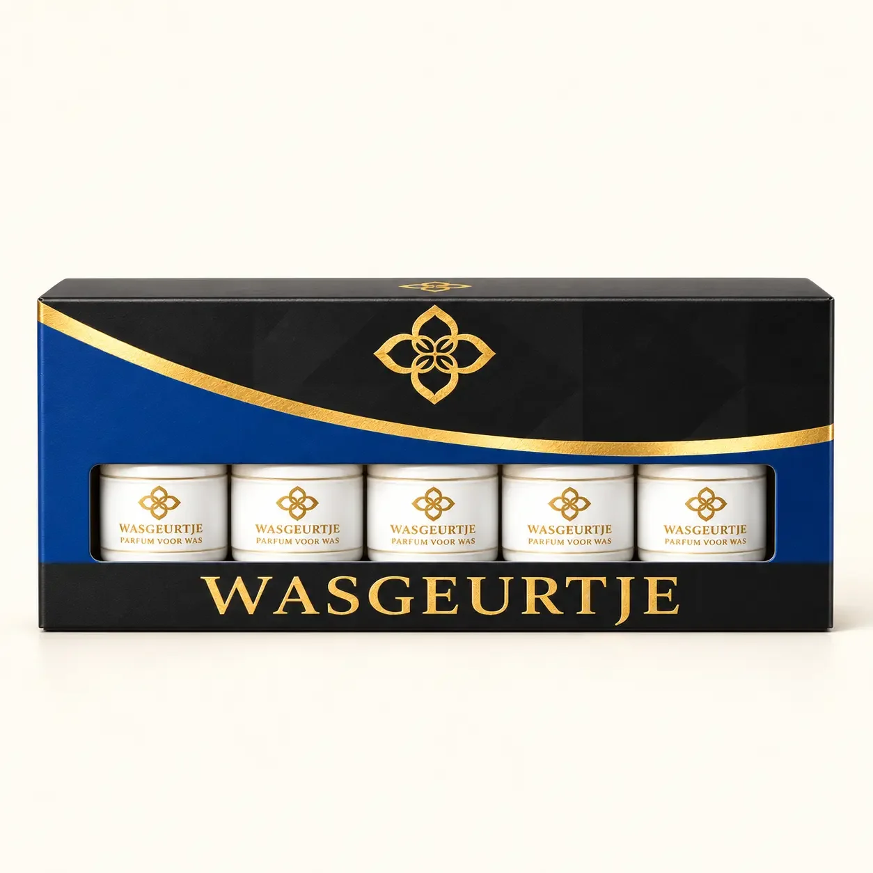 Proefpakket met vijf flessen wasparfum in luxe zwarte en blauwe doos.