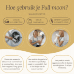 Visuele handleiding van Wasgeurtje die laat zien hoe je Full Moon wasparfum gebruikt. Met drie stappen en foto’s van het toevoegen van de was-strip, het kiezen van het parfum en het genieten van fris gewassen wasgoed.