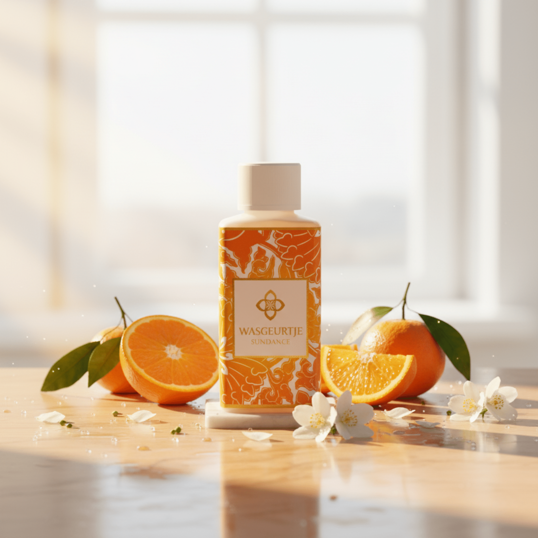 Flesje Wasgeurtje Sundance wasparfum op houten tafel, omringd door verse sinaasappels en witte bloesems in zacht ochtendlicht bij het raam.
