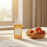 Wasgeurtje Sundance wasparfum op tafel bij een kom met perziken en aardbeien, verlicht door warme zonnestralen door het raam.