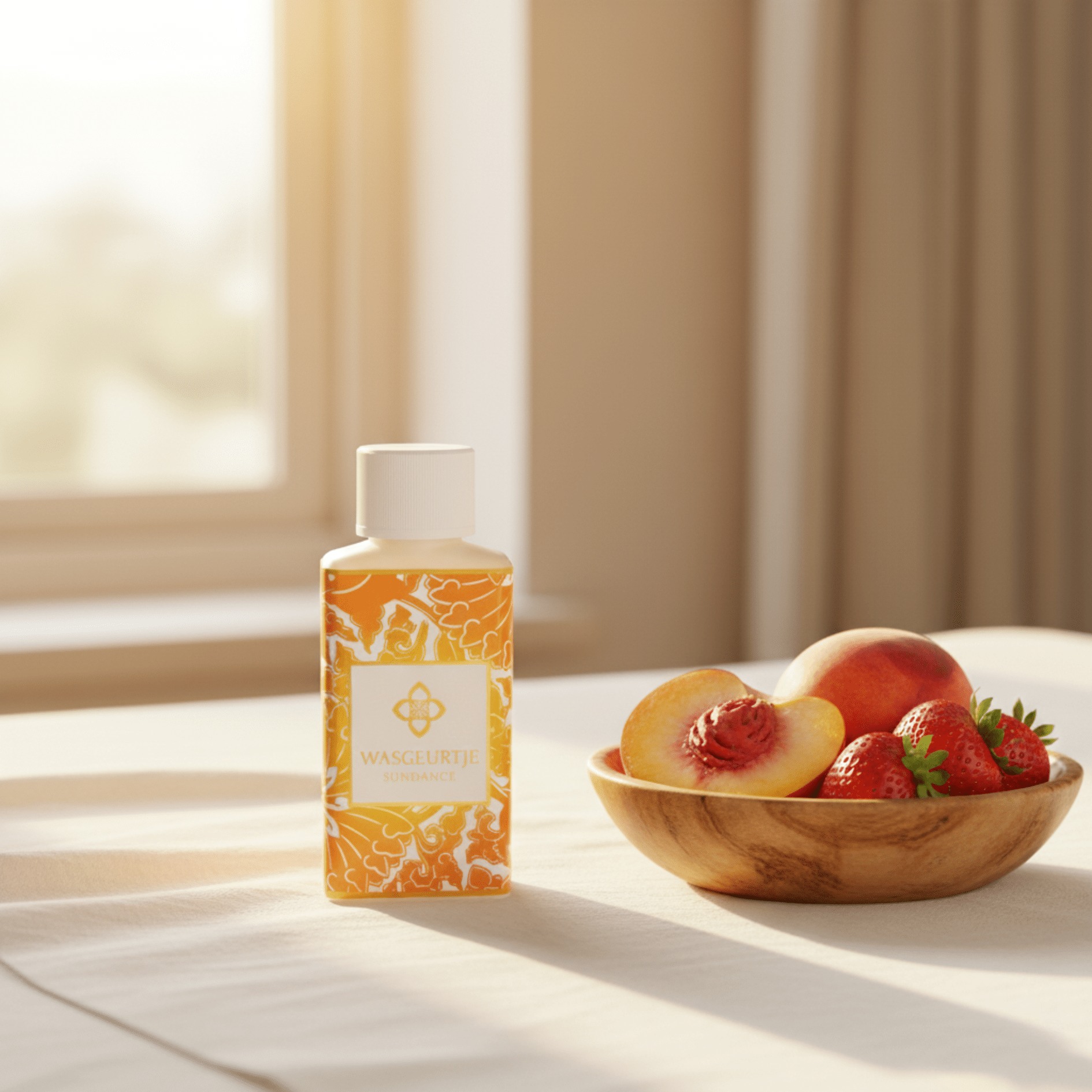 Wasgeurtje Sundance wasparfum op tafel bij een kom met perziken en aardbeien, verlicht door warme zonnestralen door het raam.