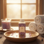 Flesje Wasgeurtje Lavender Odor wasparfum in een houten schaal met lavendelbloemetjes, omringd door handdoeken en een brandende lavendelkaars — een rustgevend spa-moment bij zacht avondlicht.