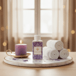Wasgeurtje Lavender Odor wasparfum op een marmeren plateau naast een paarse kaars en opgerolde handdoeken — een stijlvolle, warme setting die de kalmerende geur van lavendelwasparfum benadrukt.