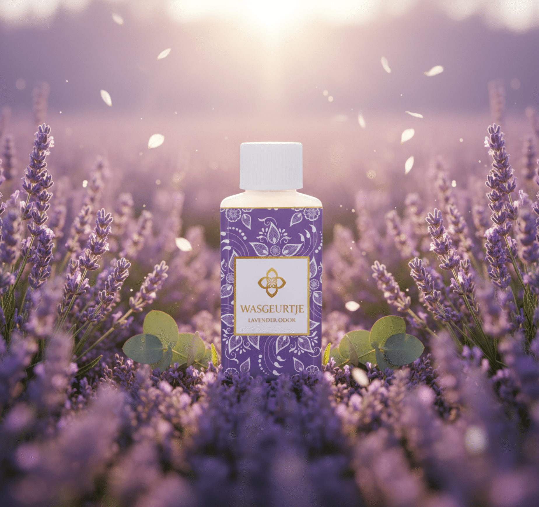 Wasgeurtje Lavender Odor wasparfum midden in een veld vol bloeiende lavendel bij zacht ochtendlicht — een sereen beeld dat de essentie van deze rustgevende wasparfum vangt.