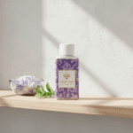 Flesje Wasgeurtje Lavender Odor wasparfum op een houten plank met lavendelzeep en groene blaadjes — een frisse, lichte compositie met focus op zuiverheid en elegantie.