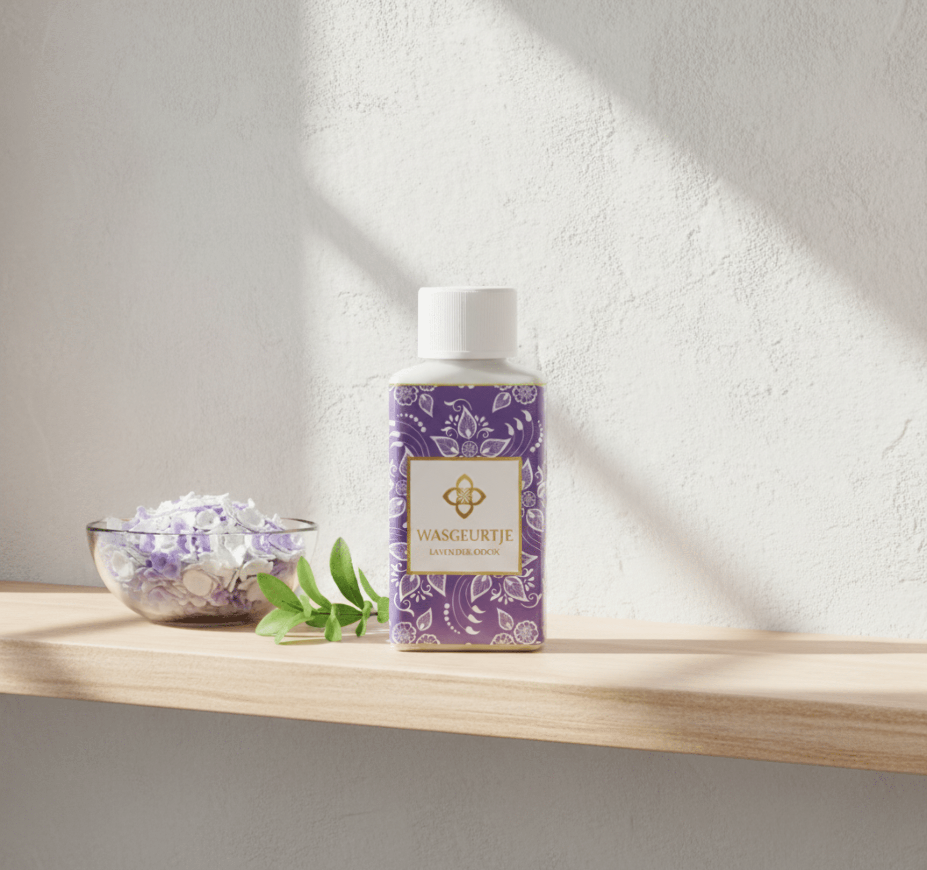 Flesje Wasgeurtje Lavender Odor wasparfum op een houten plank met lavendelzeep en groene blaadjes — een frisse, lichte compositie met focus op zuiverheid en elegantie.