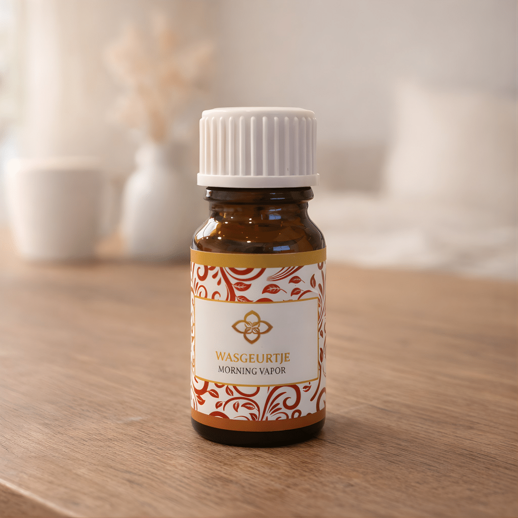 Flesje Wasgeurtje wasparfum Morning Vapor in amberkleurig glas met wit dopje, staand op een houten oppervlak. Het label heeft warme roodtinten en een verfijnd patroon, gefotografeerd in zacht natuurlijk licht voor een frisse en rustige uitstraling.