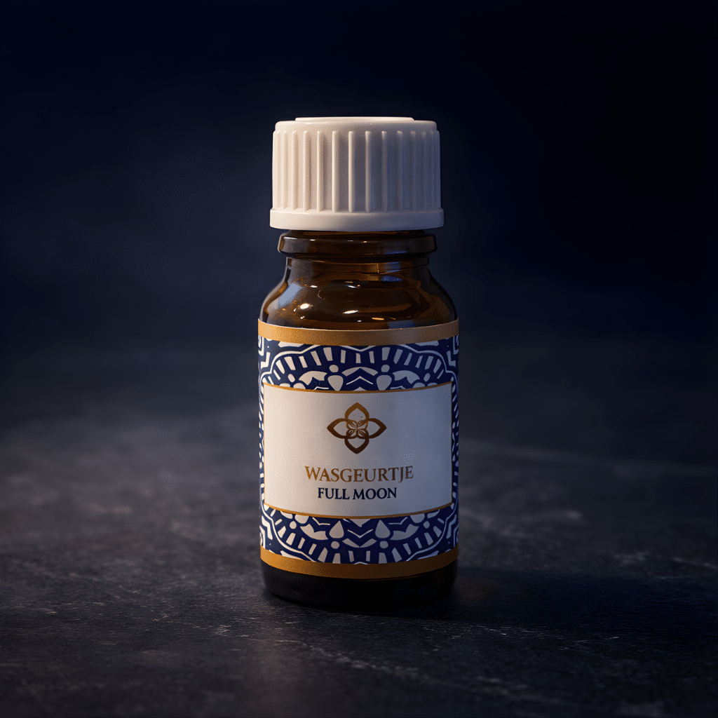 Flesje Wasgeurtje wasparfum Full Moon in donker amberglas met wit dopje, geplaatst tegen een diepe donkerblauwe achtergrond. Het luxe label met blauw en goud benadrukt een warme, mysterieuze geurbeleving.