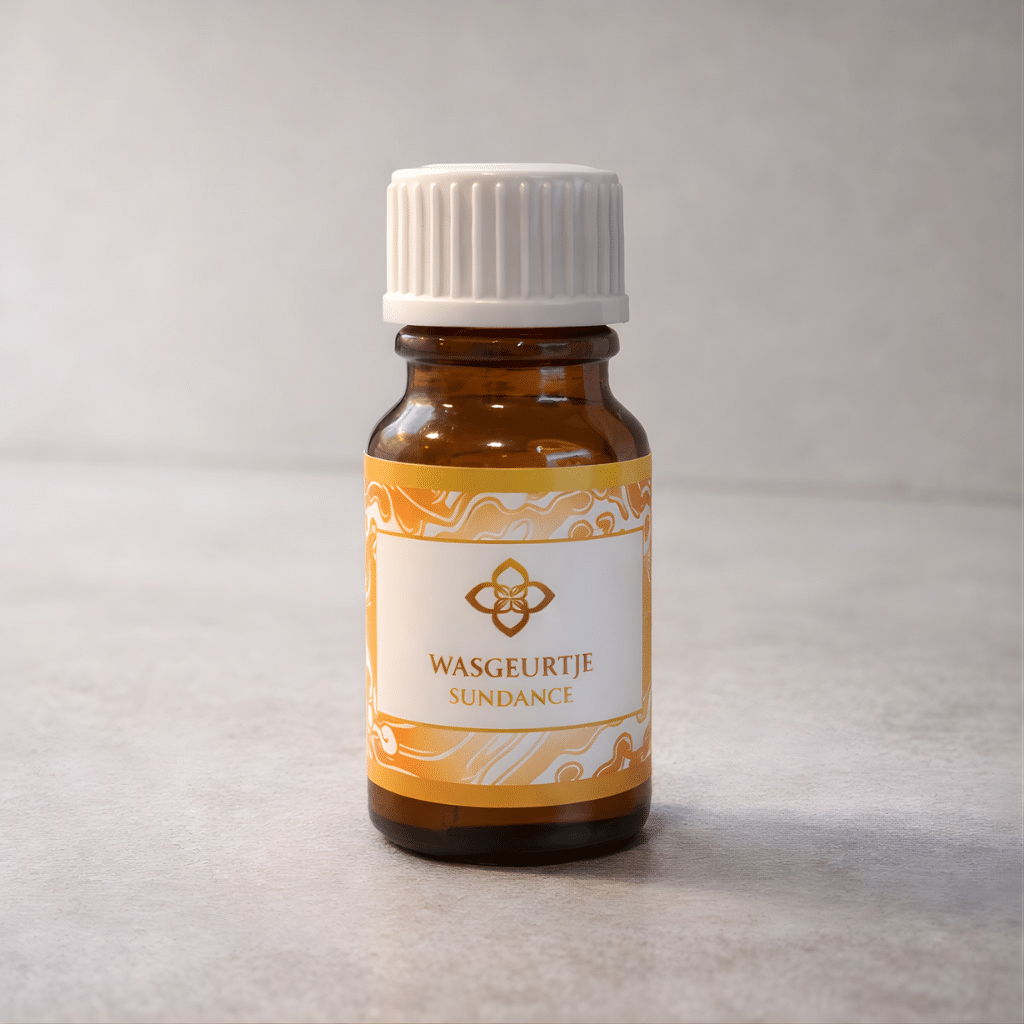Flesje Wasgeurtje wasparfum Sundance in amberkleurig glas met wit dopje, gefotografeerd op een houten ondergrond. Het warme oranje label geeft een zonnige, energieke geurbeleving weer in zacht daglicht.